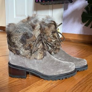 STUART WEITZMAN Furnace Mink Fur & Suede Lace-up Booties In Grey